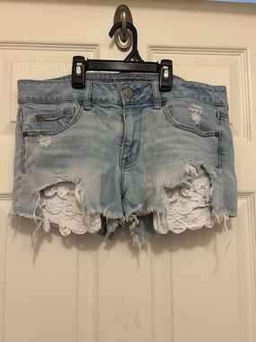 American Eagle Outfitters Shorties Light Blue Denim Shorts with White Lace